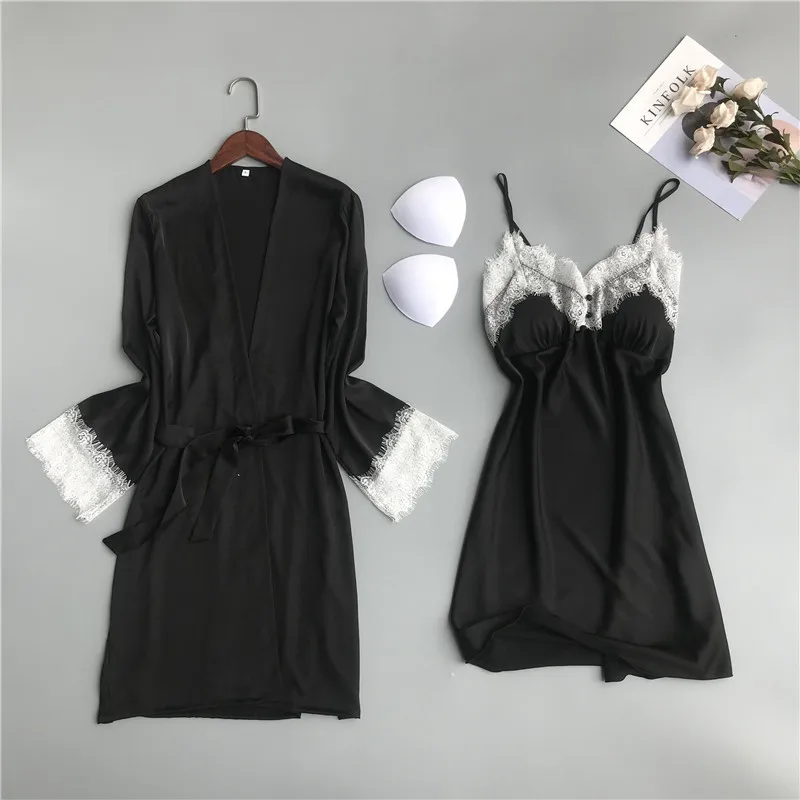 2 предмета пижамы Лето v-образным вырезом Халаты женские атласные шелковые сексуальные халаты и платья наборы женские кружевные ночные рубашки с грудью Pa