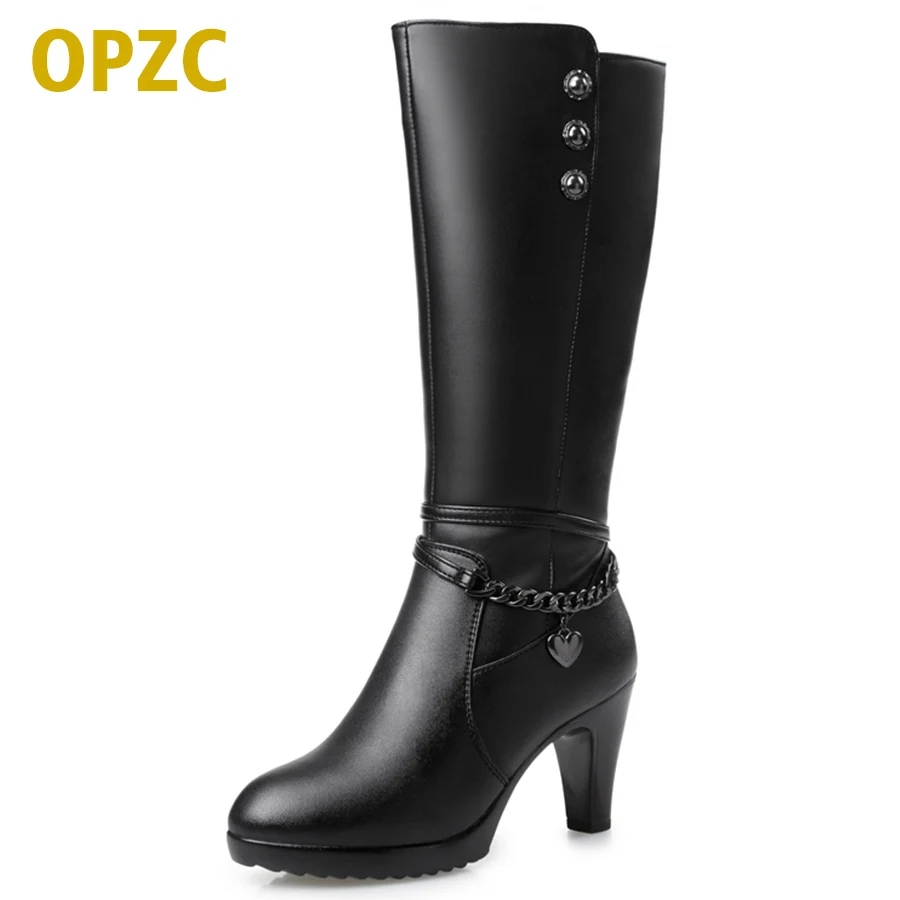 Vente Femme bottes, à talons hauts 2018 Cuir Véritable moto bottes. Épaisse laine chaud bottes d hiver. Femme de mode à canon long