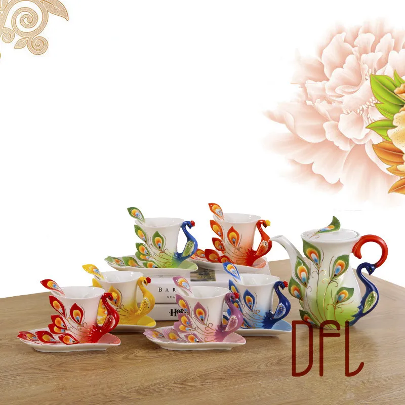 

New Color Enamel Peacock Coffee Kettle Mugs Sets Creative Bone China Tea Milk Cup European Caneca Criativa De Porcelana