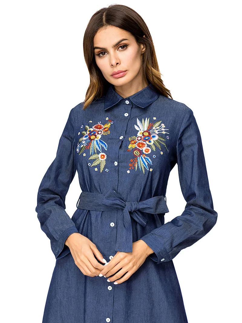 ShejoinSheenjoy Embroidery Denim Women Long Dress Turn-down Collar Long Sleeve Autumn Winter Dress Party Casual Ladies Dresses (7)