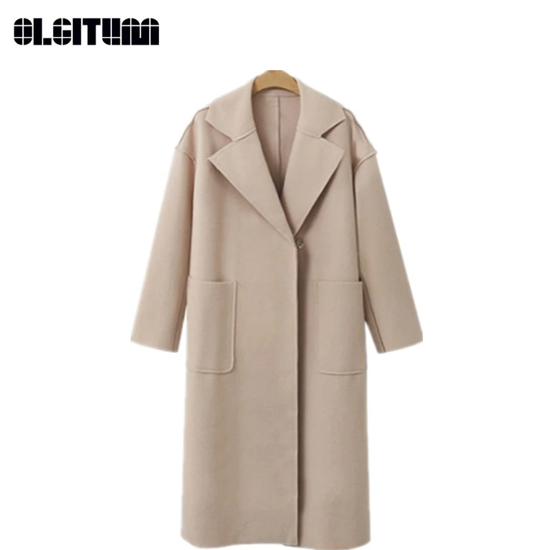 

New 2018 Autumn and Winter Large Size Women Woolen Coat Suit Collar Loose Long Warm Woolen Coat