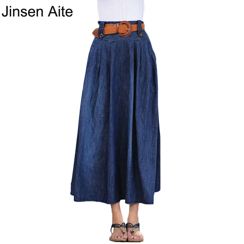 Jinsen Aite плюс размер S-6XL Весна винтажная джинсовая юбка женские длинные юбки эластичный пояс плиссированные джинсы Макси Saia Longa JS380