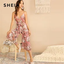 Шеин Boho Surplice Neck Botanical Ruffle Cami широкий комбинезон для женщин глубокий v-образный вырез без рукавов сексуальный комбинезон летний комбинезон