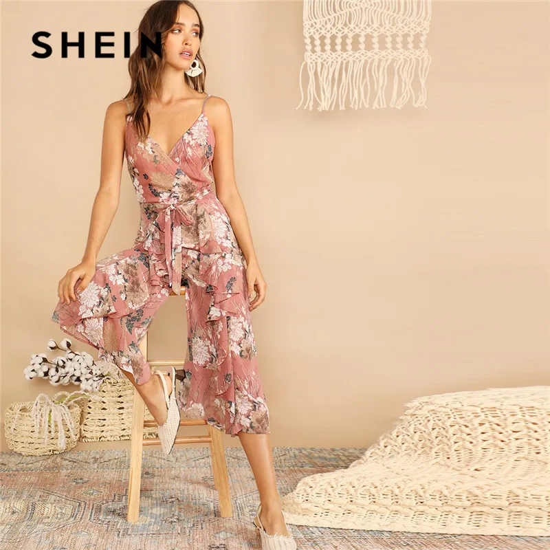 

SHEIN Boho Surplice Neck Botanical Ruffle Cami Wide Leg Jumpsuit Women Deep V Neck Sleeveless Sexy Jumpsuit Summer Jumpsuit