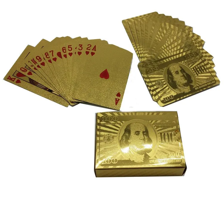 24K USD Позолоченные покерные игральные карты 100 долларов с черной деревянной коробкой и сертификатом 54 карты Новинка подарок на день рождения