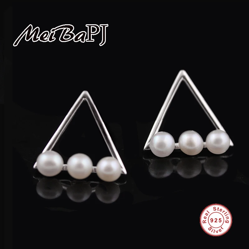 [MeiBaPJ] модные квадратные серьги-гвоздики из настоящего пресноводного жемчуга, 925 серебро, треугольная форма, для женщин, продвижение товара, высокое качество