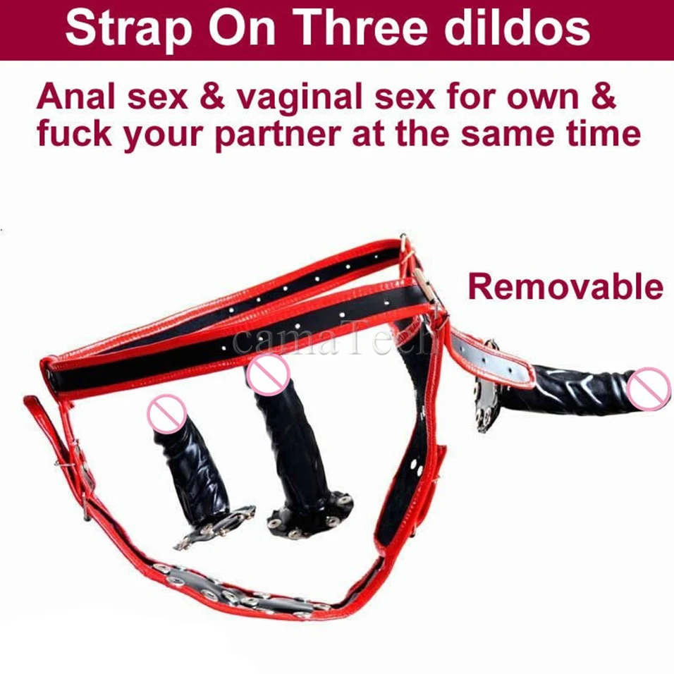 camaTech Harness Leather Strapon font b Dildos b font Panties w 3Pcs Lesbian Removable Phalluses For
