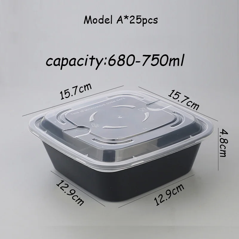 Пищевой полипропиленовые квадратные коробки для обедов, упаковочная коробка для ланча, салата, миска для супа с крышкой, свежий пищевой контейнер для микроволновой печи - Цвет: model A 25pcs