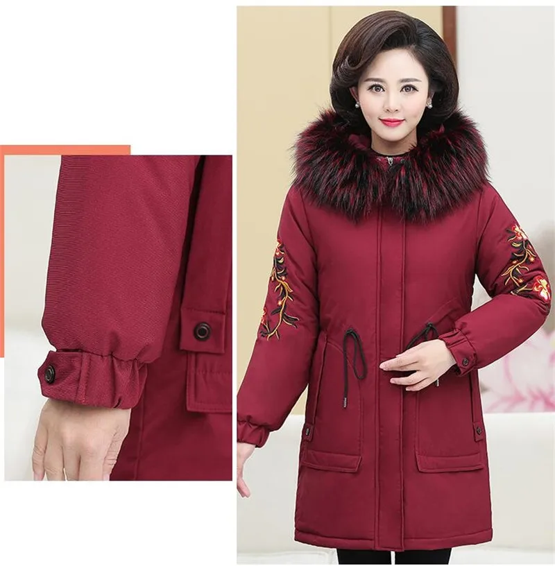 Зимние парки для женщин среднего возраста Женская хлопковая куртка плюс размеры сгущает пальто с капюшоном для женщин вышивка меховой