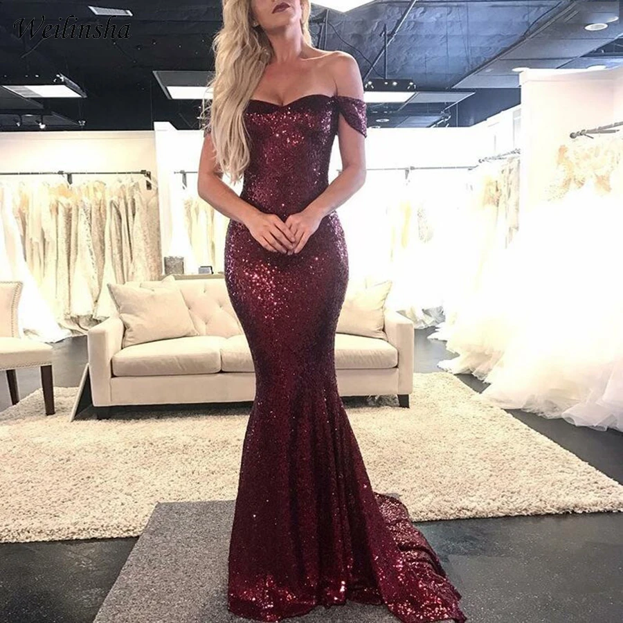 

Weilinsha Burgundy Sequined Mermaid Prom Dress Off-the-Shoulder Sweep Train Evening Dresses