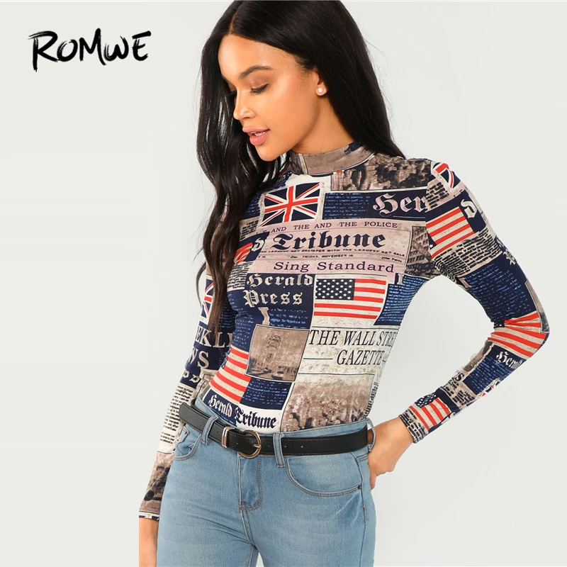 

ROMWE Mock Neck Letter Print Tee 2019 Spring Korean Clothes Long Sleeve Women T-shirt Stand Collar Casual Chic Ladies Tops