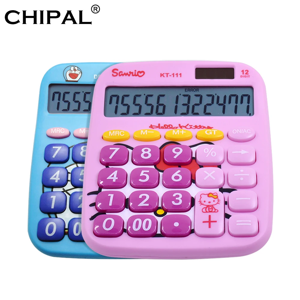 

Cute Hello Kitty Doraemon Desktop Solar Dual Power Pink Calculator 12 Digital Solar Kawaii Calculator for Office Students Gift