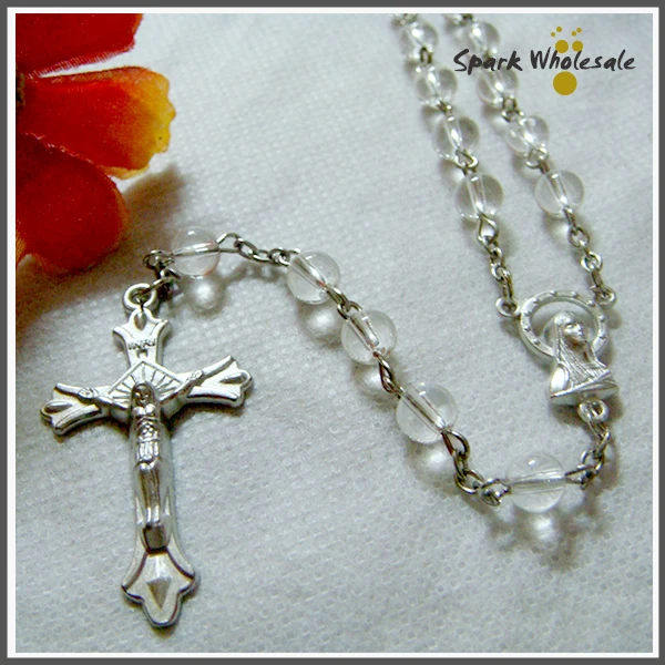 

Promotional Catholic 6mm Transparent Glass Beads Rosary Necklace Fatima Centerpiece Rosary Baby's Conmmunion Baptism Favors
