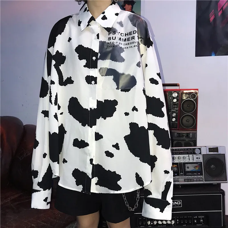 

2018 Autumn New College Wind Cute Milk Print Shirt Female Harajuku Cotton Loose Lapel Long Sleeve Lace Embroidered Shirt #1001