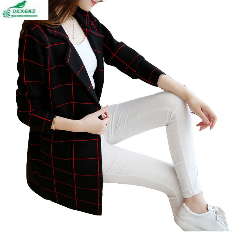 Spring autumn new knitted cardigan Outerwear female medium long pattern lattice stripes knitted coat Women clothing