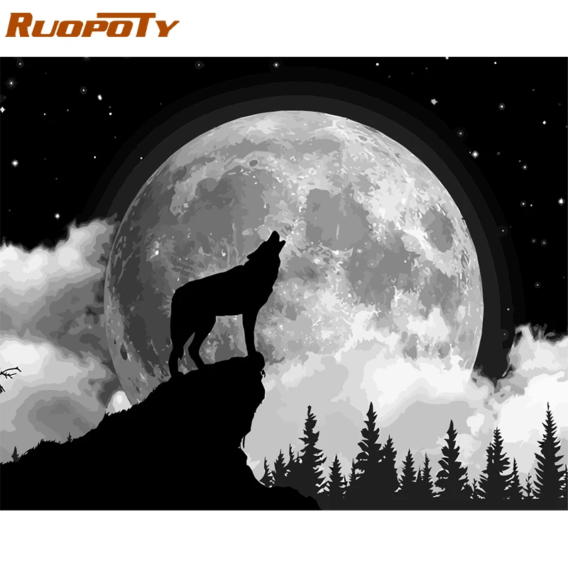 RUOPOTY DIY рамка для рисования по номерам Изображение Луны волка Акриловая Краска на