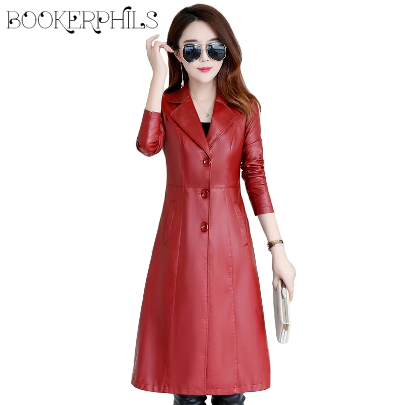 

Long Leather Jacket Women Winter Autumn 2019 Elegant Slim Ladies Washed PU Leather Trench Coats Female Outerwear Plus Size 5XL