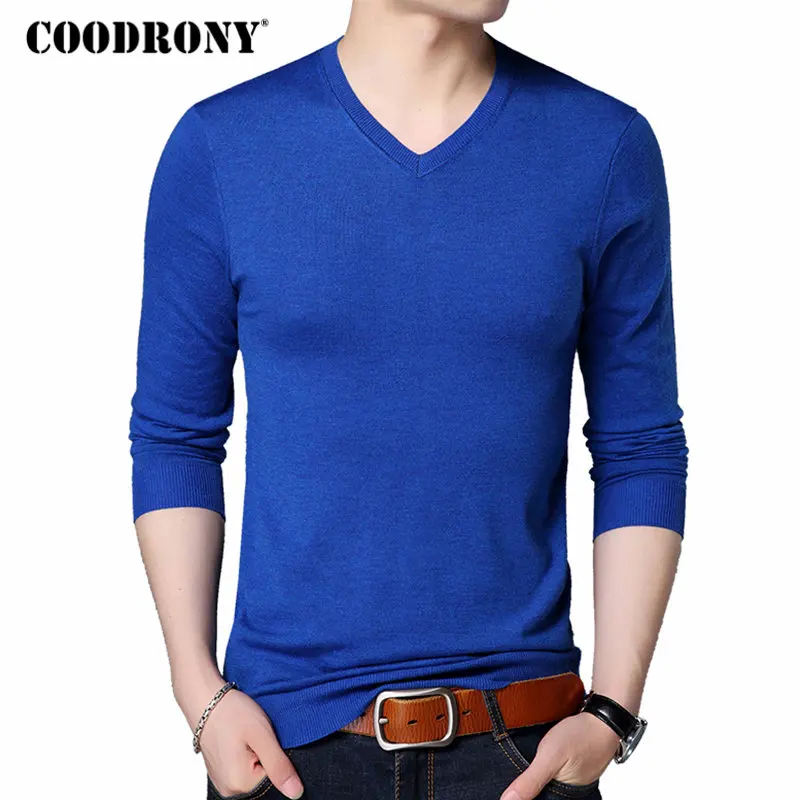 COODRONY Men Sweater Pure Color Casual V Neck Pullover Men