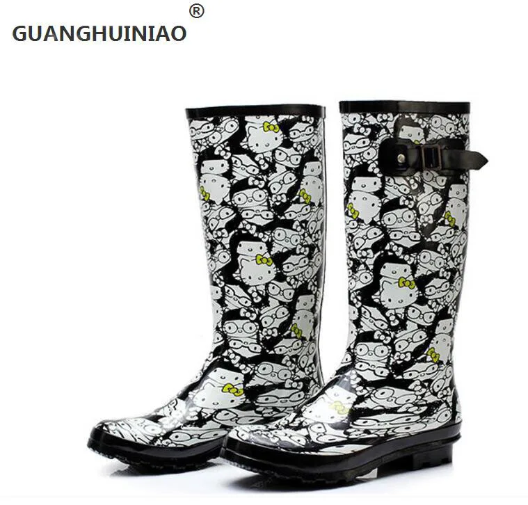 

Tall canister boots set of lady's Ms fashion cartoon waterproof boots shoes in winter to keep warm rain boots long printed new b