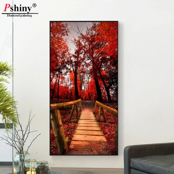 

Pshiny DIY 3d diamond embroidery scenery Full square Diamond painting cross stitch Maple Leaf Forest Bridge diamond mosaic F593