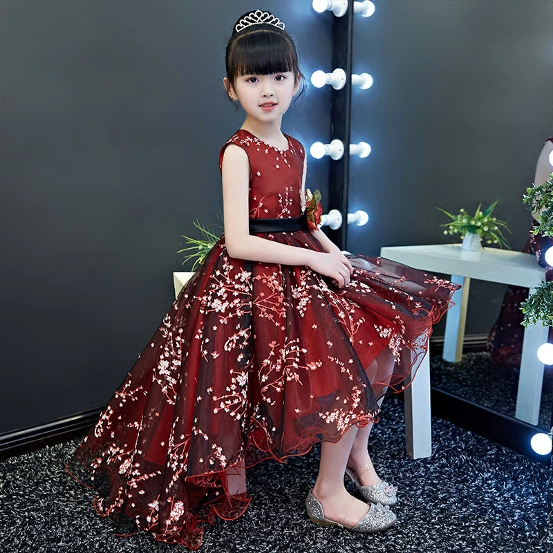 

2018 New Kids Girl Hand-made Flowers Trailing Sleeveless Dress Party Wedding Bridesmaid Red Ball Gown Prom Princess Dress 3-15T