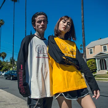 

Chic brand spring and autumn thin long-sleeved loose printed letters lower body missing T-shirt