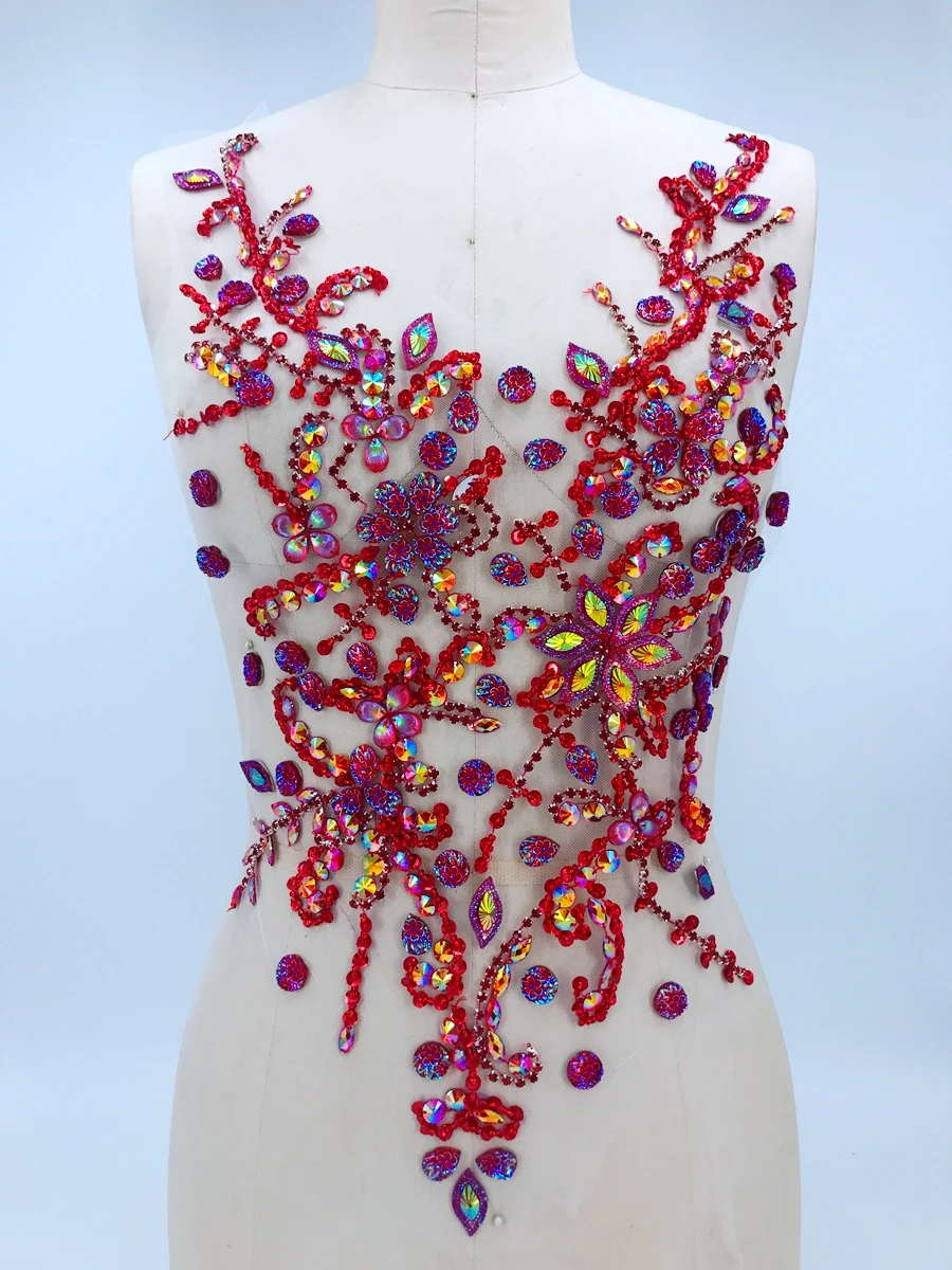 Pure hand red sew on Rhinestones applique on mesh crystals patches trim