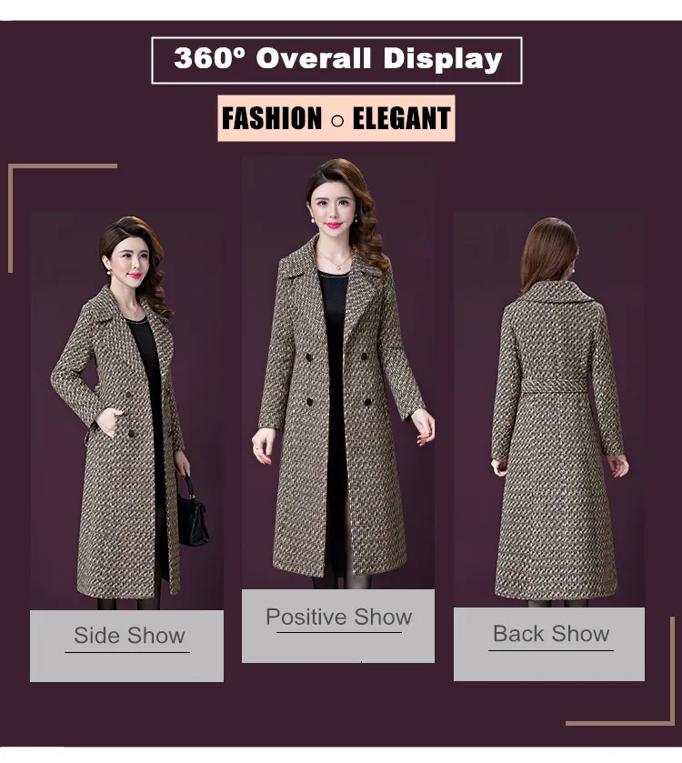 L-5XL, Новое Женское шерстяное пальто, зима-осень, модная клетчатая куртка со шнуровкой и поясом, утолщенная тонкая шерстяная Верхняя одежда для женщин