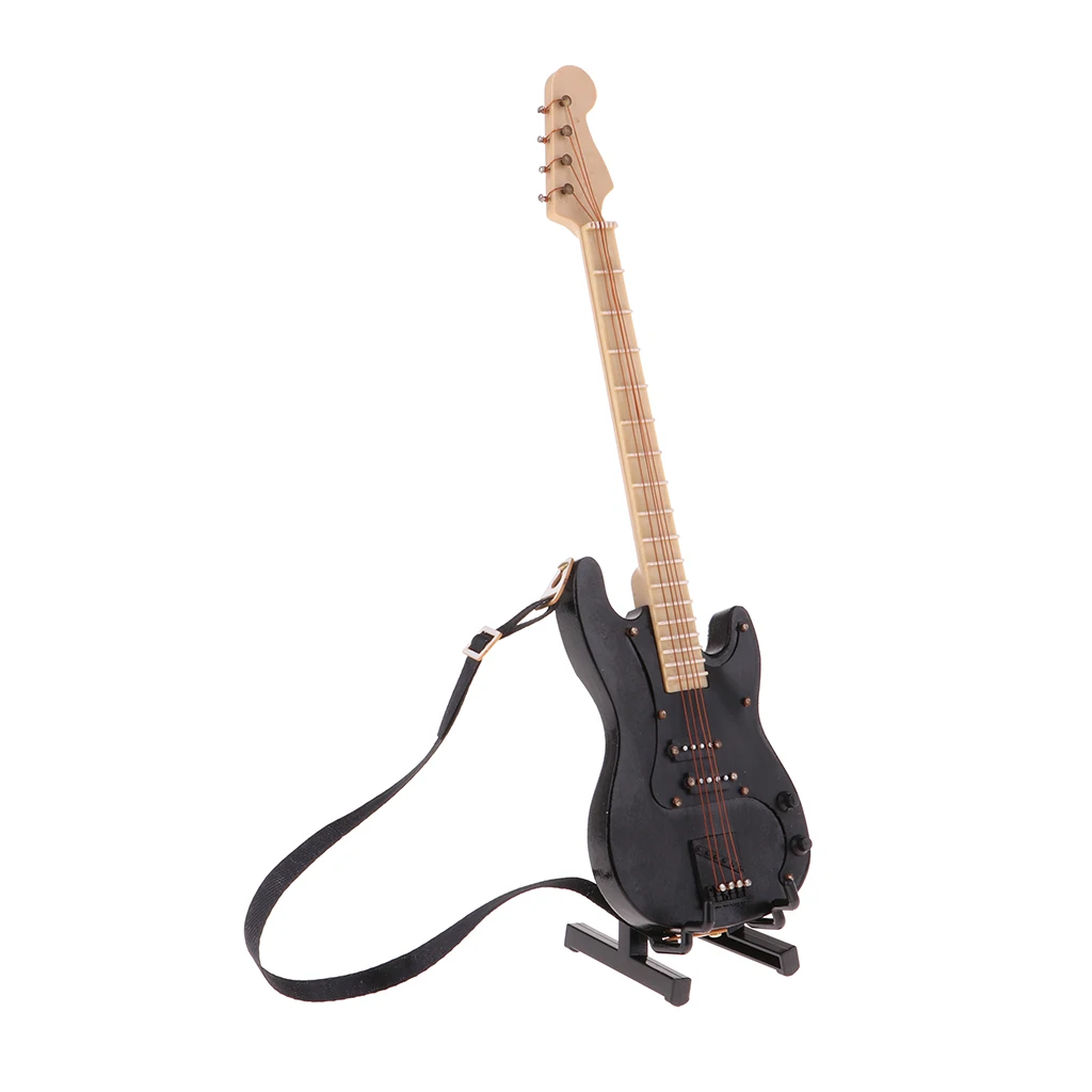 Handmade 1/6 Musical Instrument Crafts Wooden Electric Bass Guitar with Stand for Hot Toys for 1/6 BJD Dolls House