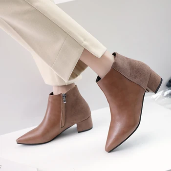 

HEE GRAND Women Shoes Pointed Toe Ankle Boots Spring 2019 New Zipper Med-Heeled Platform Botas Solid Ladies Casual Shoes XWX7304