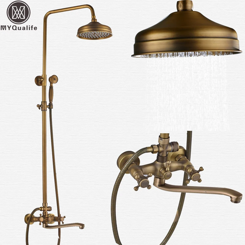 

2018 Newly Shower Mixer Faucet Set Dual Handle Swivel Long Nose Bath Shower Set With Handshower 8" Rainfall Shower Head