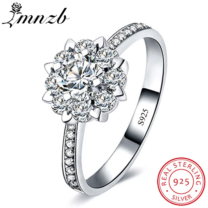 

LMNZB Luxury 100% 925 Sterling Silver Ring Fashion Round Shape Wedding Rings for Women Full Size CZ Zircon Flower Ring LR000