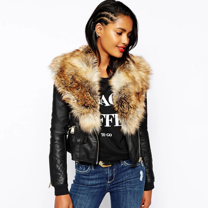 remarkable  2018 Winter Jackets Women Basic Coats Fashion Faux PU Leather Winter Jackets Women Artificial Fur C