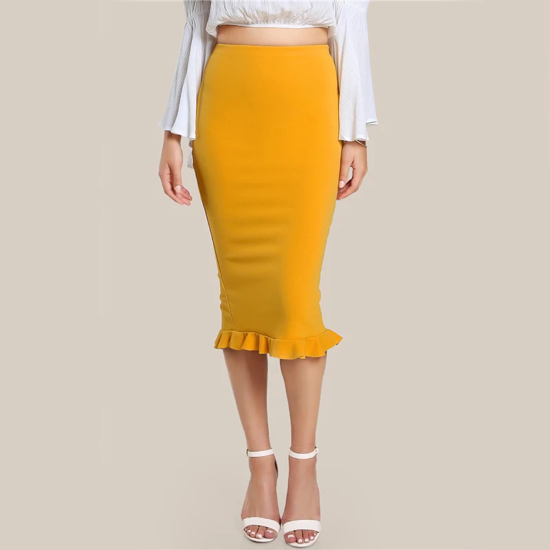 COLROVIE, Женская юбка-карандаш с разрезом и оборками, желтая, сексуальная, тонкая, элегантная, для работы, летняя, модная, новая, короткая, высокая талия, юбка - Цвет: Цвет: желтый