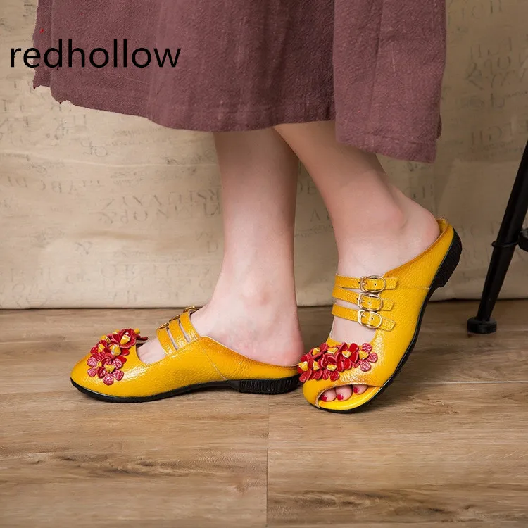 

Summer Women Sandals Ethnic Flat Shoes Real Leather Women Casual Shoes Retro Handmade Ladies Shoes Slip-on Summer Beach Sandals