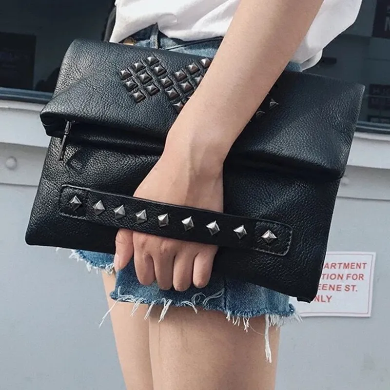 Women Rivet Clutch Bag With Shoulder Belt Black Girlfriend Birthday