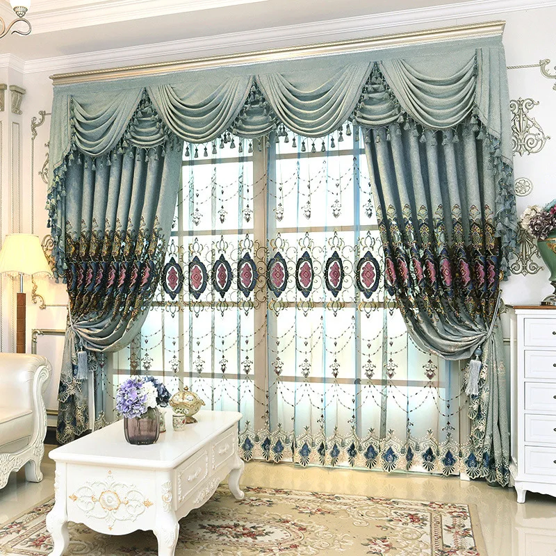 

European style embroidered floral lace blue Chenille window curtain sheer for living room bedroom 1pcs price free ship