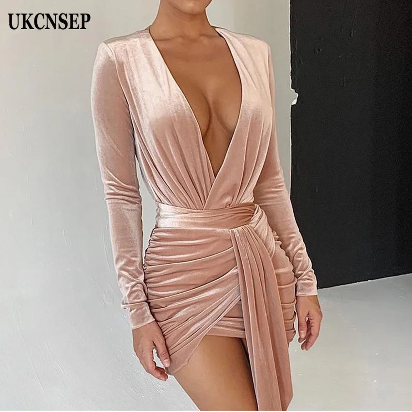 

High Quatily 2019 New Women Velvet Deep V Evening Party Dress Women Long Sleeve Dreped Bodycon Club Dress Vestidos