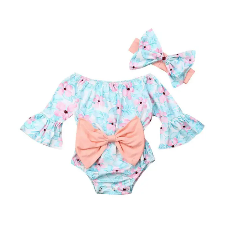 

PUDCOCO Infant Baby Girl Clothes Sets Flared Sleeve Floral Cotton Bow Jumpsuit+Headband Casual Outfit Kids Sets 0-18M