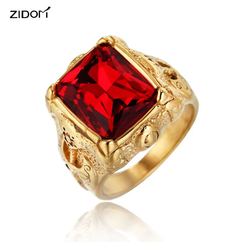 

Gold color High quality Vintage 316L Stainless Steel with Red blue Gem Men rings fashion Hiphop axe pattern ring Male jewelry