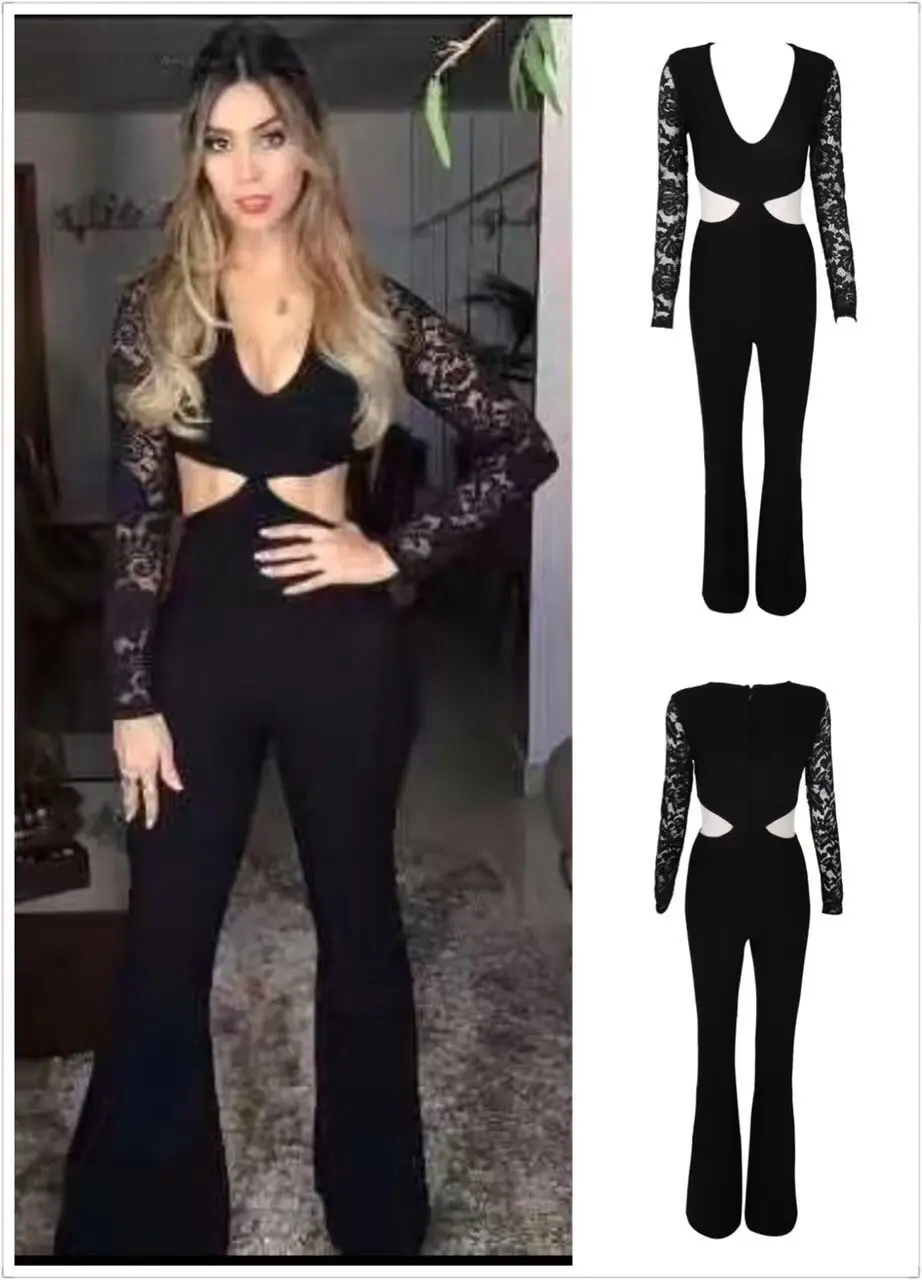 Salopette Évider Qualité À Élégante Dentelle Noir Manches Partie Top Moulante Longues Rayonne f148WW