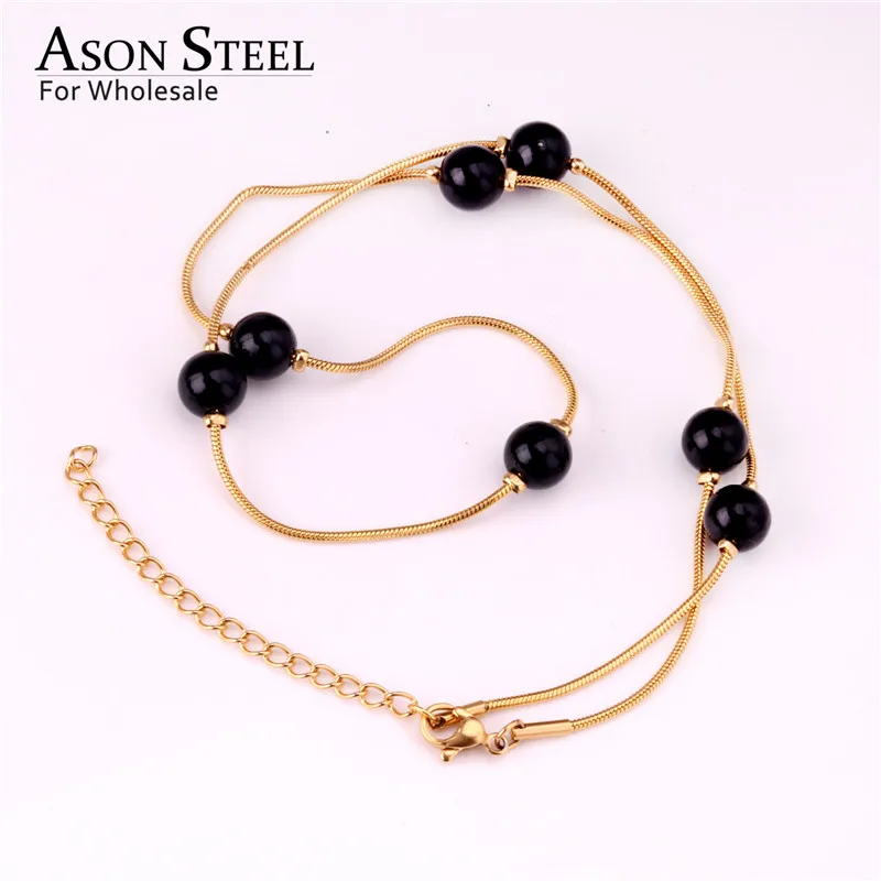 ASONSTEEL Gold/Silver White Black Round Imitation Pearl Pendant Necklace Stainless Steel Snake Chain Jewelry Collars Gift Party