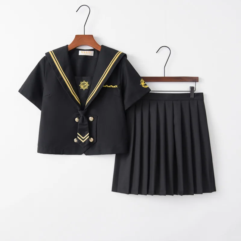 

Revolver Embroidery School Uniform Women Novelty Party Costume JK Uniforms Black Tops Pleated Skirt Sailor Suit