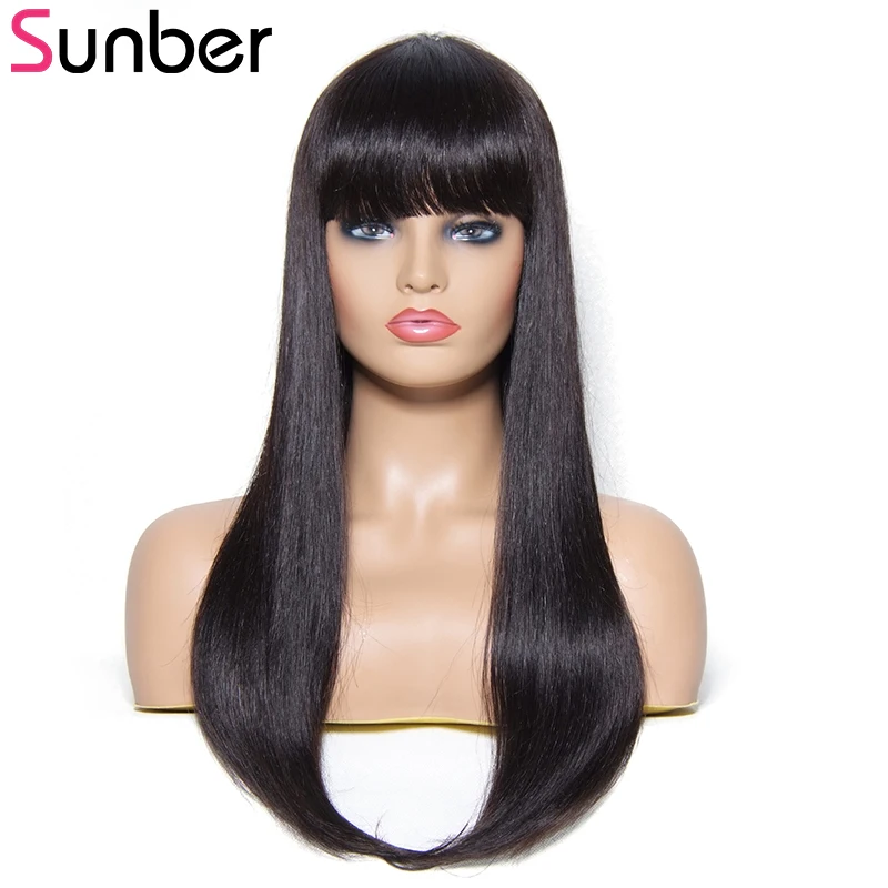 

Sunber Hair Straight Human Hair Wigs With Bang 100% Brazilian Remy Hair Long Hair Wig 22Ich Natural Colour