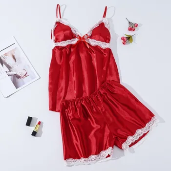

Women Satin Silk Bow Lace Nightwear Sleepwear Pizama Damska Bawelna Pijamas Para As Mulheres Comfortable Fashionable Pajama Set
