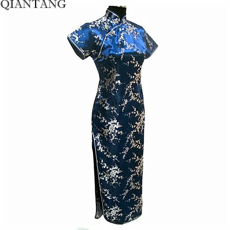 Темно-синие Винтаж китайский Для женщин длинный атласный Cheongsam Ципао вечернее платье цветок плюс Размеры S M L XL XXL XXXL 4XL 5XL 6XL J3089