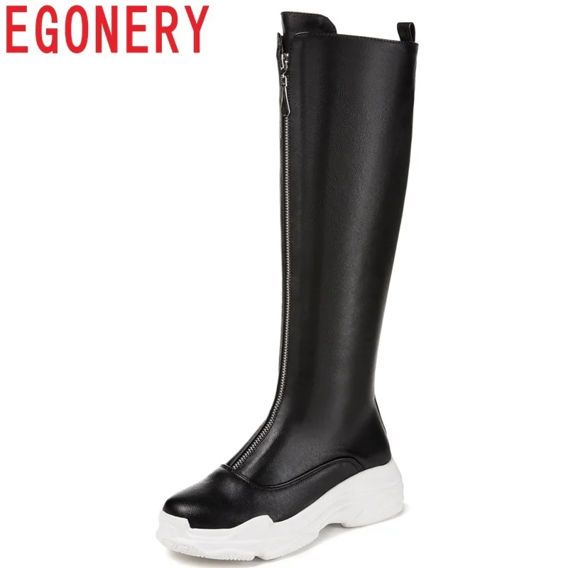 

EGONERY women shoes 2018 winter new concise casual med wedges platfrom heel height 5 cm front zipper large size knee high boots
