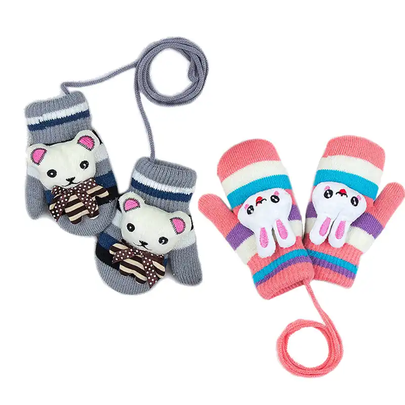 Kids Cute Cartoon Warm Gloves Girls Boys Thicken Crochet Lanyard Mittens Winter Full Finger Gloves Cartoon Soft Knit Accessories Aliexpress