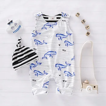 

Baby boy Rompers Clothes Casual Sleeveless Jumpsuits + Caps Newborns Boys Outfits Soft Cotton Infant Funny Overalls Kids