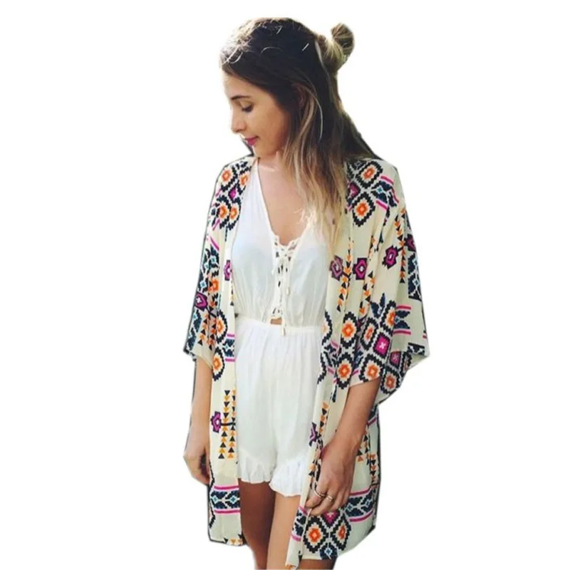 

Summer 2017 Beach Women Chiffon Cover Up Geometric Kimono Blouse Lady Party Tops